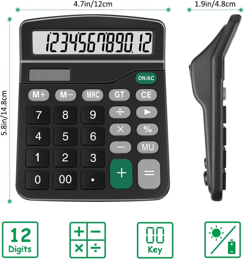 Splaks Calculators, 2 Pack Standard Functional Desktop Calculators Sola and AA Battery Dual Power Electronic Basic Calculator with 12-Digit Large Display for Office, Home, School (2 Black) - Image 4